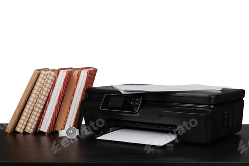 Preview: Working table with printer and stacked books on white abckground