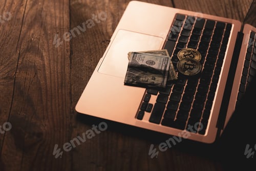 Preview: Golden coin with bitcoin symbol, money coins and dollar banknote