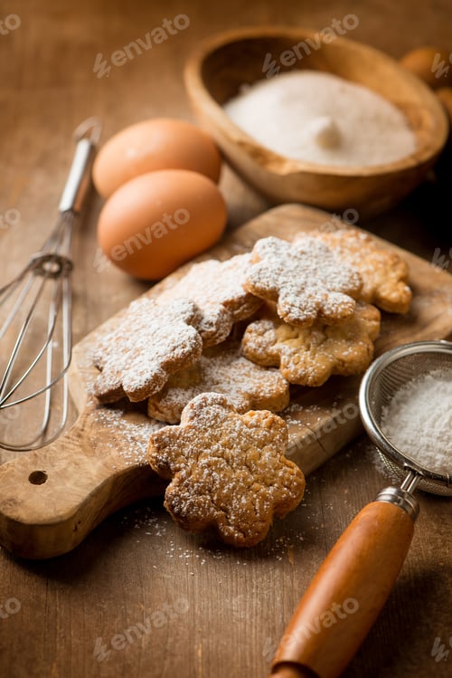 Preview: homemade shortbread cookies with rolling pin and ingredients