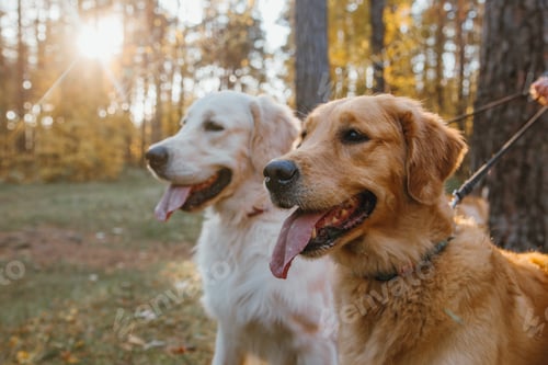 Preview: two cute golden retrievers on a walk in the autumn forest close-up