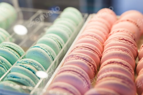 Preview: Fresh colored macaroons close-up, sale in coffee shop showcase