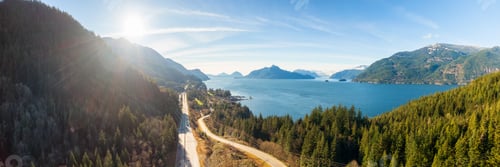 Preview: Aerial panoramic view of the Sea to Sky Highway in Howe Sound