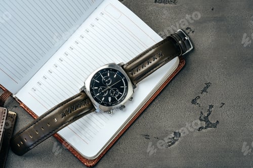 Preview: Male watch and notepad on dark grey table