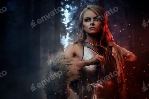 Preview: Beautiful warrior woman holding a sword wearing steel cuirass and fur in night forest