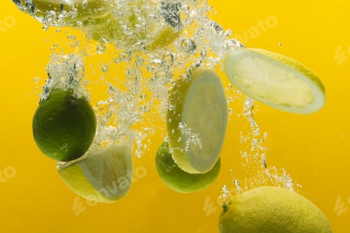 Preview: Close up of lemon and lime slices falling into water with copy space on yellow background