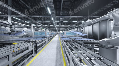 Preview: Solar panels produced in renewable energy based facility, 3D illustration