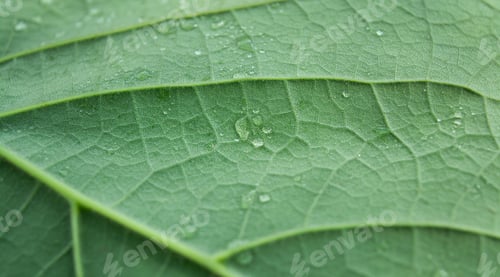 Preview: Close-up of a green leaf with water drops and detailed vein structure. Ecological concept.