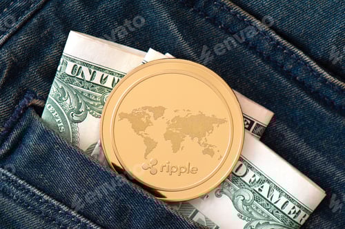 Vista previa: Moneda Ripple dorada y dólares estadounidenses en el bolsillo de los vaqueros azules.