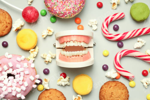Preview: Concept of food bad for teeth on light gray background