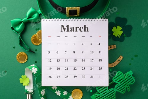Preview: Celebrate St. Patrick's Day! Top view of a calendar, leprechaun hat, bow tie, suspenders