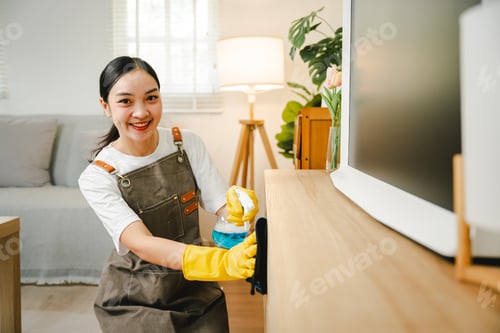 Preview: Young female housekeeper cleaning And wipe down the table with a microfiber cloth in the living room