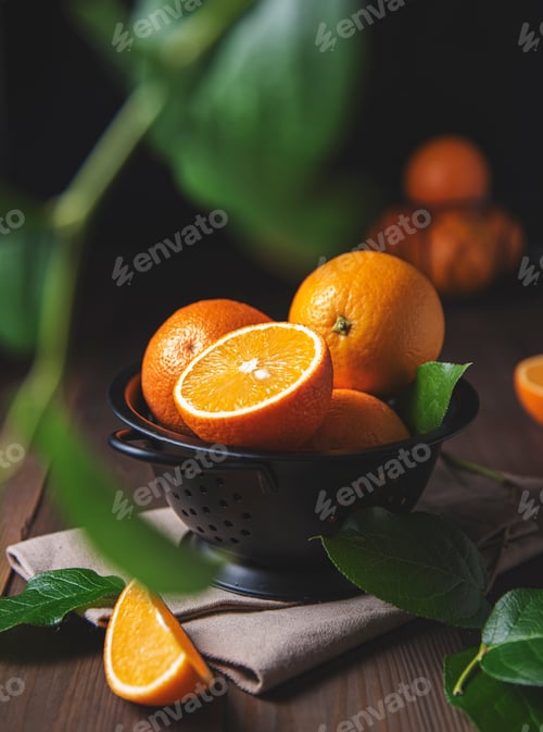 Preview: A few juicy oranges in a black bowl with green leaves on a dark wooden background