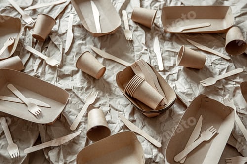 Preview: Disposable environmentally friendly tableware and cutlery top view.