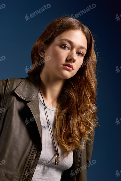 Preview: Stylish young woman showcases autumn fashion in a blue studio