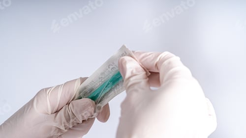 Preview: Selective focus shot of a hand holding an injection syringe