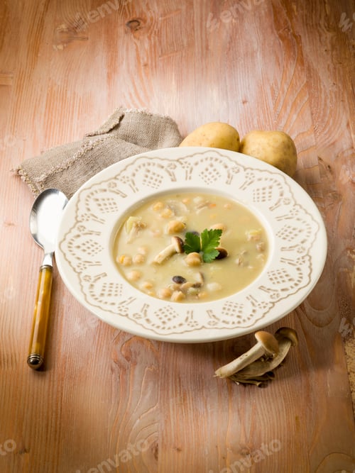 Preview: soup with chickpeas mushroom and potatoes, vegetarian food