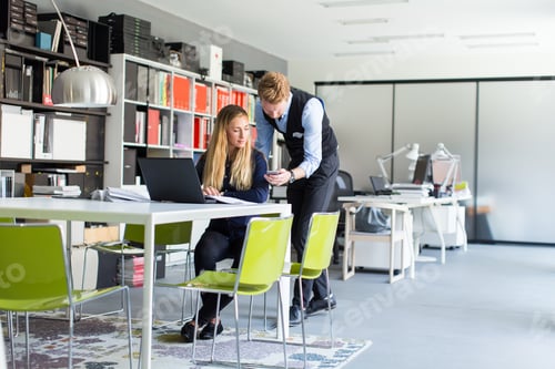 Visualização: Jovem casal de negócios usando laptop no escritório