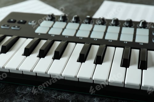 Preview: Midi keyboard and music sheets on black smokey table