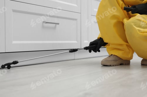 Preview: Pest control worker spraying pesticide around furniture indoors, closeup