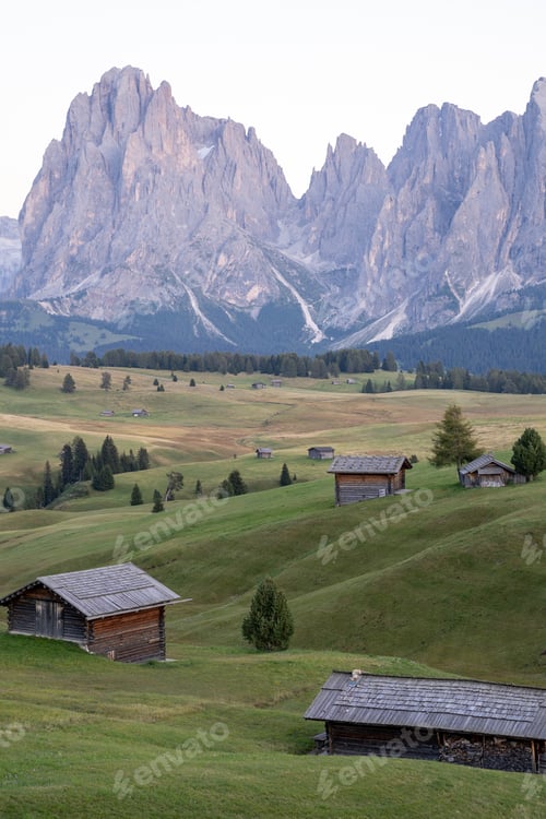 Preview: Stunning landscape view of Alpe di Siusi during sunset, Dolomites, Italy