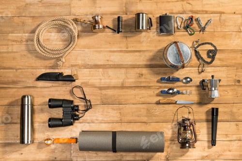 Preview: Traveler set on wooden background, flat lay