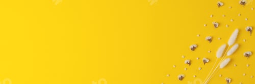 Preview: Cosmetic background with flowers on yellow. Flat lay, copy space
