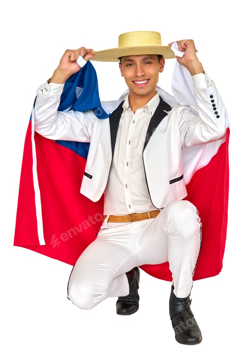 Preview: Chilean huaso kneeling and holding chilean flag with pride