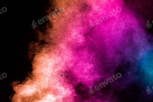 Preview: Launched multicolored powder on black background.Color powder explosion.Colorful dust splashing.