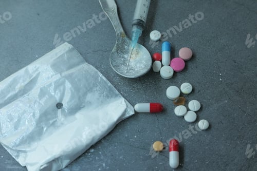 Preview: drug addiction concept with heroine packet and syringe on black backgrund