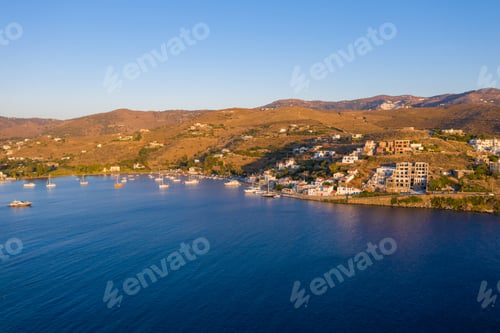 Preview: Kea Tzia island, Cyclades, Greece. Aerial drone photo of the bay at sunset time.