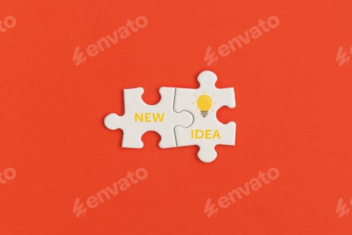 Preview: White details of puzzle on red background. Inspiration and creative idea concept.