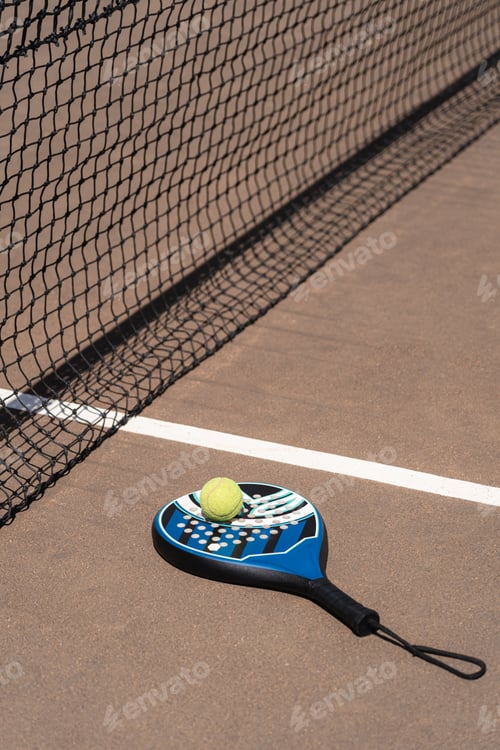Preview: Padel racket and balls on court