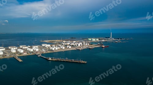 Preview: Aerial view oil terminal and coal power plant station in sea, White oil storage tank chemical petrol