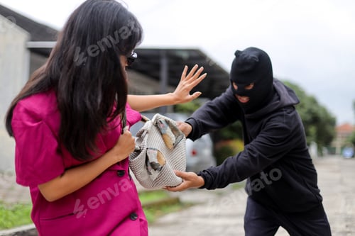 Preview: Man in Black Outfit Snatches Handbag From Unsuspecting Woman on Street.