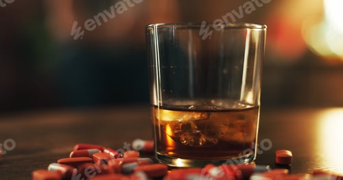 Preview: Drugs, pills and alcohol on table in dark apartment with opioid crisis, crime and danger. Risk, sub
