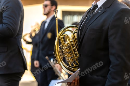 Preview: Band musicians with their instruments on the street. Typical music bands in Spain.