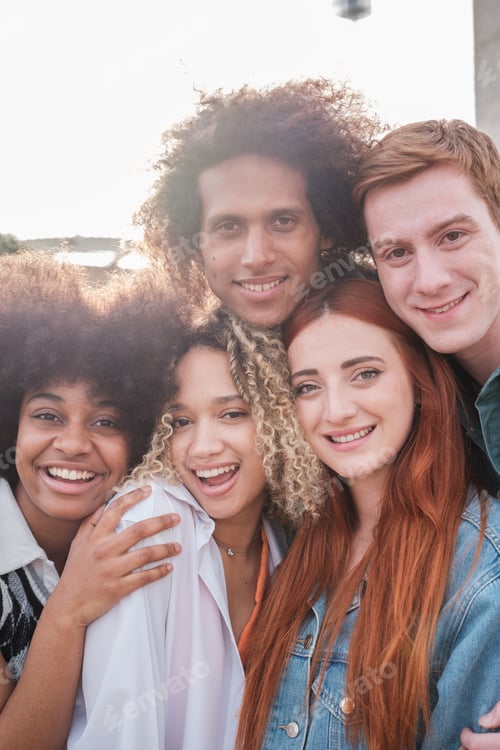 Preview: Selfie of young friends of different origins outdoors. Concept: lifestyle, together