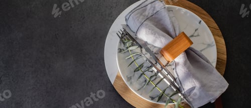 Preview: Easter table setting concept background Long banner for web page. Top view with copy space