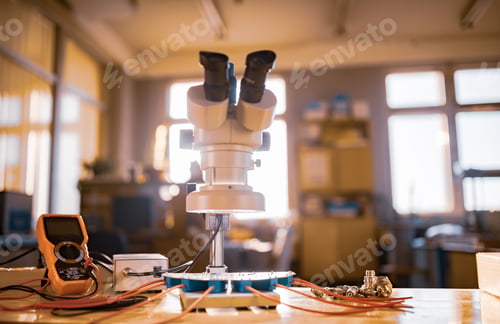 Preview: Modern microscope, connectors component and large green microcircuit in workshop laboratory