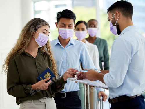 Preview: Covid passport, airport travel restrictions and ticket id at security queue border for immigration