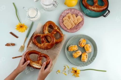 Preview: Top View Flat Lay Snacking Time with Hand, Pretzel, Biscuit, and Pastry Roll with Melted Cheese .