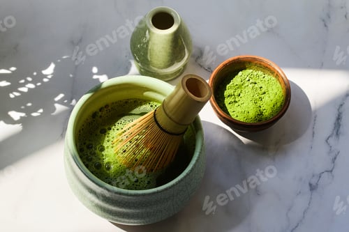 Preview: Ceremonial Matcha Setup. Traditional matcha tea set with powder, bamboo whisk
