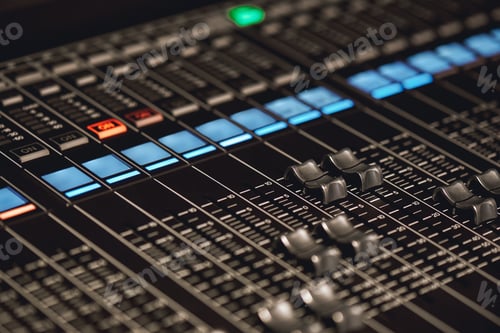Preview: Volume control. Close-up view of sound console buttons for volume setting in sound recording studio