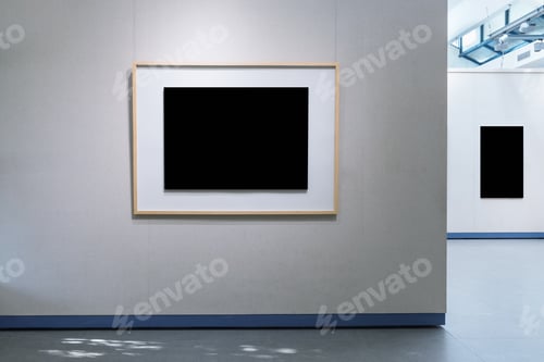 Preview: blank picture frames on exhibition wall with clipping path