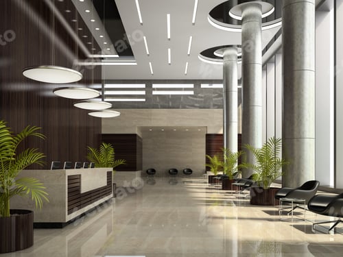 Preview: Interior of a hotel reception 3D illustration