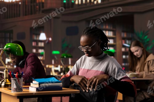 Preview: African american pupil reviewing educational research collection at the library