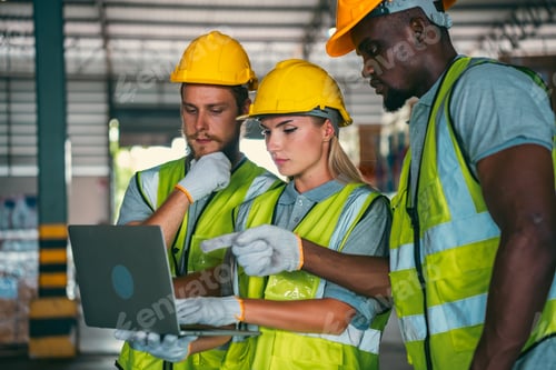 Preview: factory setting, team of engineers and foremen emphasize safety and teamwork meeting