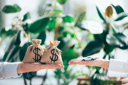 Preview: cropped shot of people exchanging sackcloth bags with dollar sign and car model