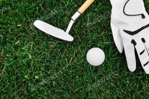 Preview: Golf club, ball and glove on green grass, flat lay