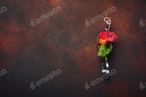 Preview: Molecular modern cuisine galantine duck in spoons on rusty background